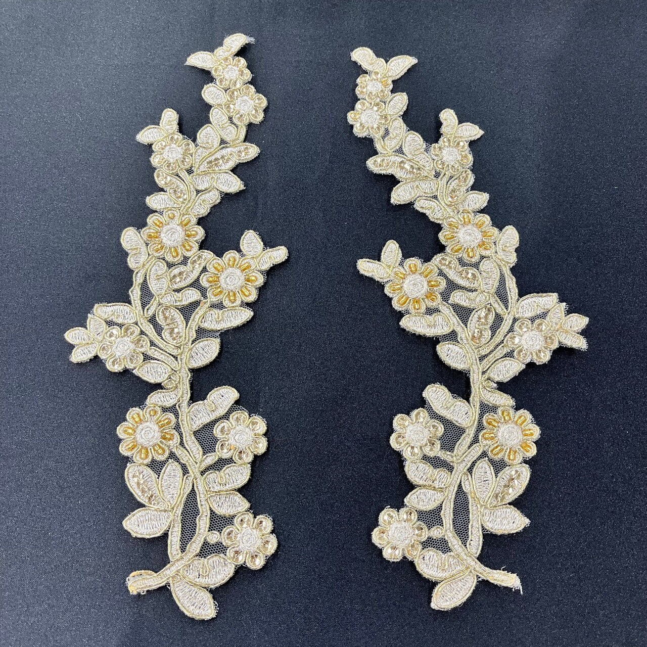 1 Pair Beaded & Corded Floral Lace Applique Embroidered on 100% Polyester Mesh 10" x 3" Each Side